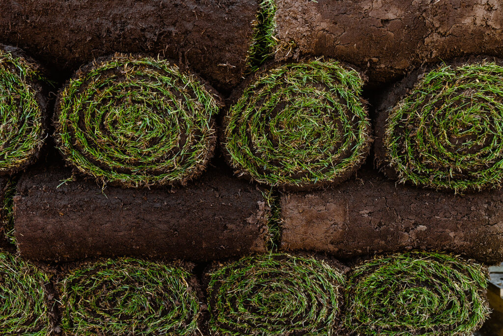 Nahaufnahme von Rollrasenrollen, die übereinander gestapelt sind. Jede Rolle zeigt das grüne Gras, das mit Erde zusammengewunden ist, bereit zur Verlegung auf den Rasenbereich.